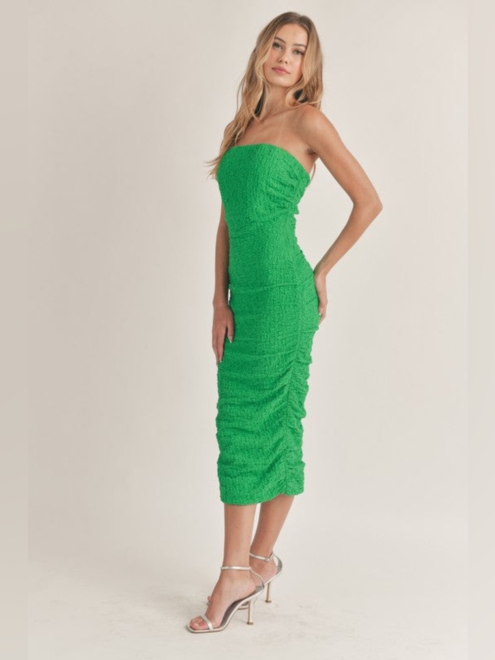 Strapless Green Ruched Midi Dress